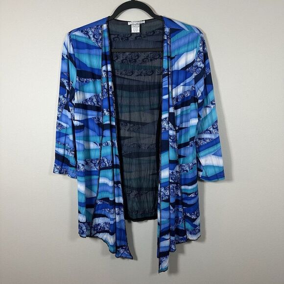 Alberto Makali Large‎ Blue Stripe 3/4 Sleeve Open Drape Cardigan Top - Picture 1 of 4